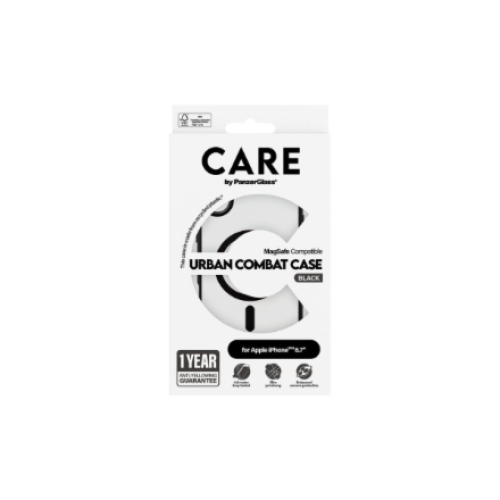 CARE by PanzerGlass Case Flagship Urban Combat , Back protection , Apple , iPhone 16 Plus , Recycled plastic , Transparent/Black , MagSafe
