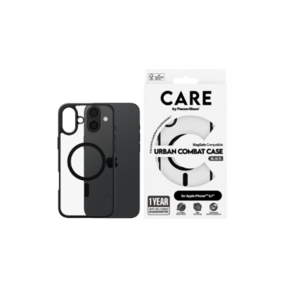 CARE by PanzerGlass Case Flagship Urban Combat , Back protection , Apple , iPhone 16 Plus , Recycled plastic , Transparent/Black , MagSafe