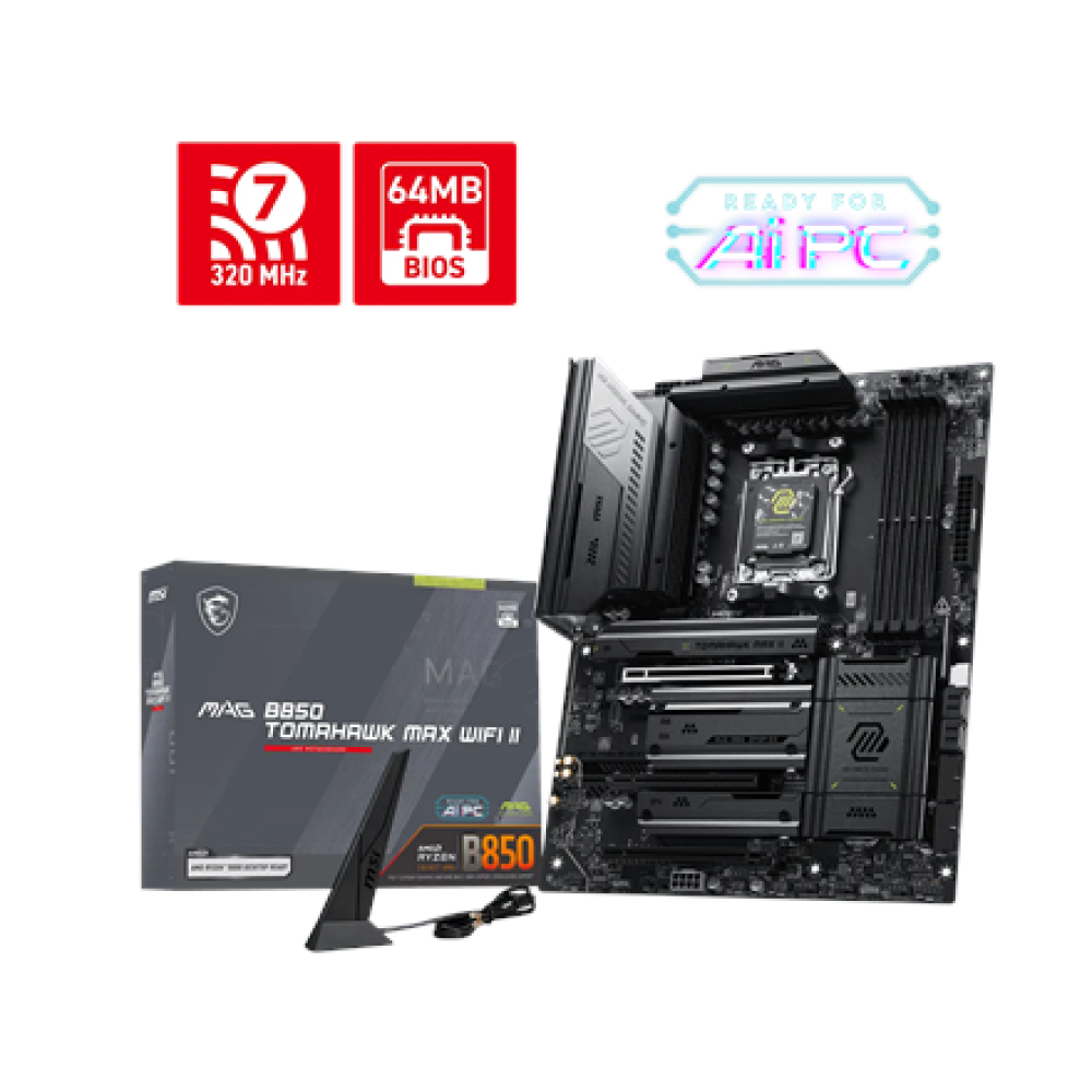 MSI MAG B850 TOMAHAWK MAX WIFI II , Processor family AMD , Processor socket AM5 , DDR5 , Supported hard disk drive interfaces SATA, M.2 , Number of SATA connectors 4