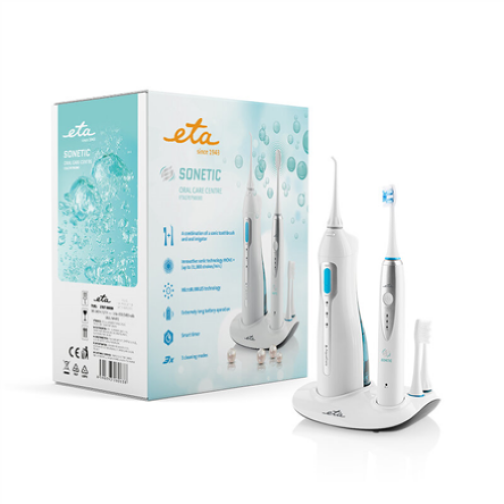 ETA , Oral care centre (sonic toothbrush+oral irrigator) , ETA 2707 90000 , Rechargeable , For adults , Number of brush heads included 3 , Number of teeth brushing modes 3 , Sonic technology , White