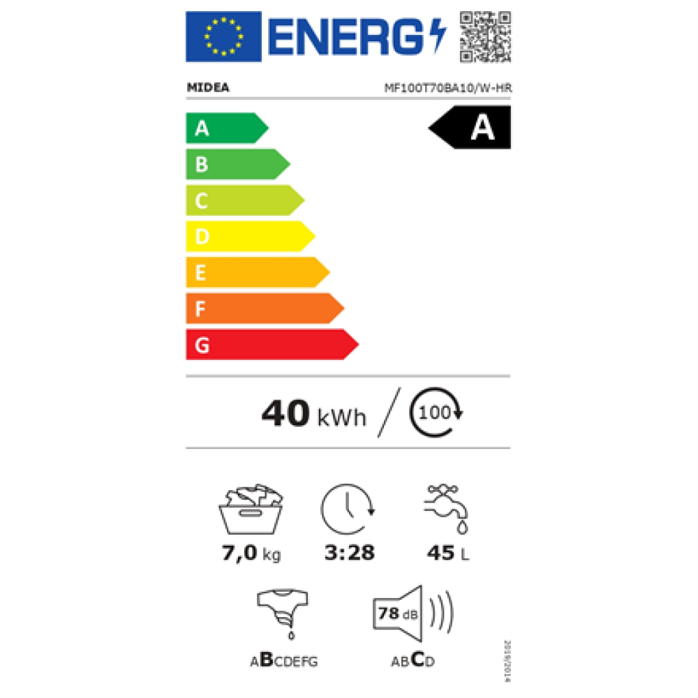 Midea , Washing Machine , MF100T70BA10/W-HR , Energy efficiency class A , Top loading , Washing capacity 7 kg , 1200 RPM , Depth 61 cm , Width 40 cm , Display , LED , Steam function , White