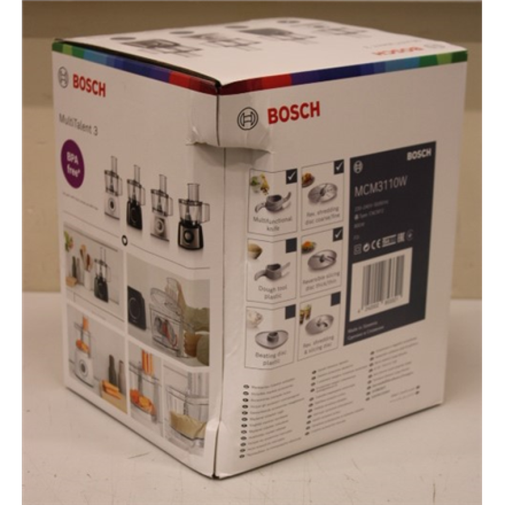 SALE OUT. Bosch MCM3110W Food processor, 800W, Bowl capacity: 2.3L, 2 speed settings, White/Grey , Bosch , Kitchen machine Multi Talent 3 , MCM3110W , 800 W , Number of speeds 2 , Bowl capacity 2,3 L , White , DAMAGED PACKAGING