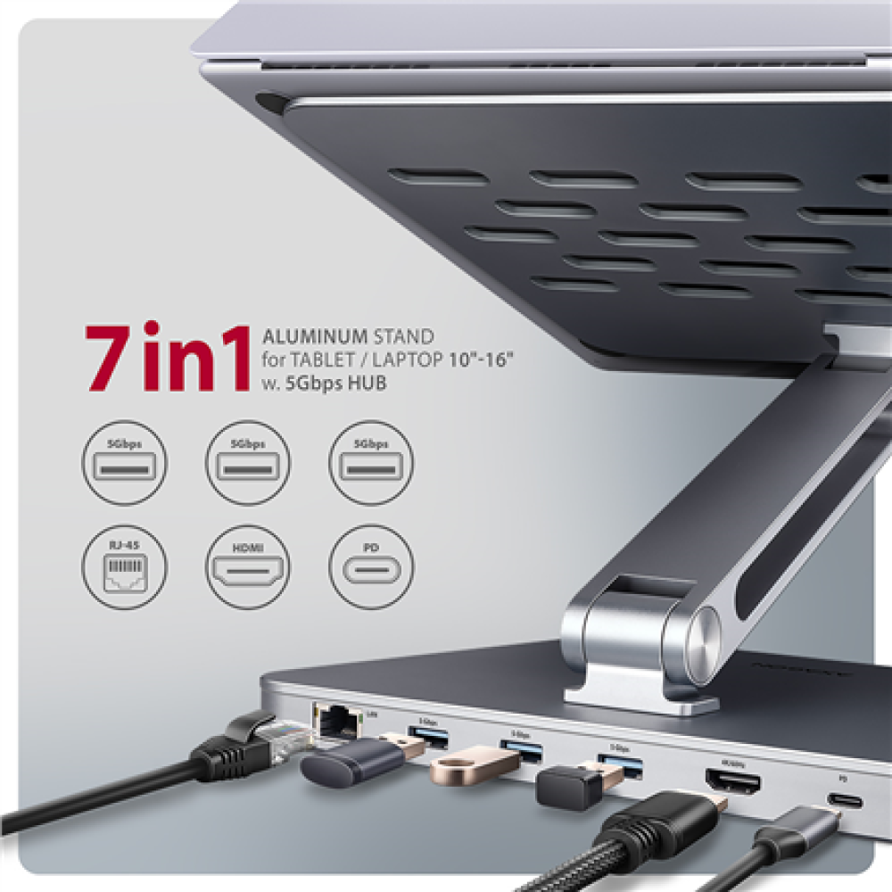 AXAGON Desk Mount , HMC-STND USB-C 5Gbps Stand and Hub 7in1 , Adjustable Height, Tilt , 10-16 , Aluminum