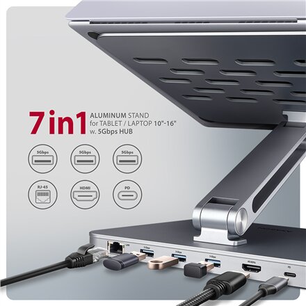 AXAGON Desk Mount , HMC-STND USB-C 5Gbps Stand and Hub 7in1 , Adjustable Height, Tilt , 10-16 , Aluminum