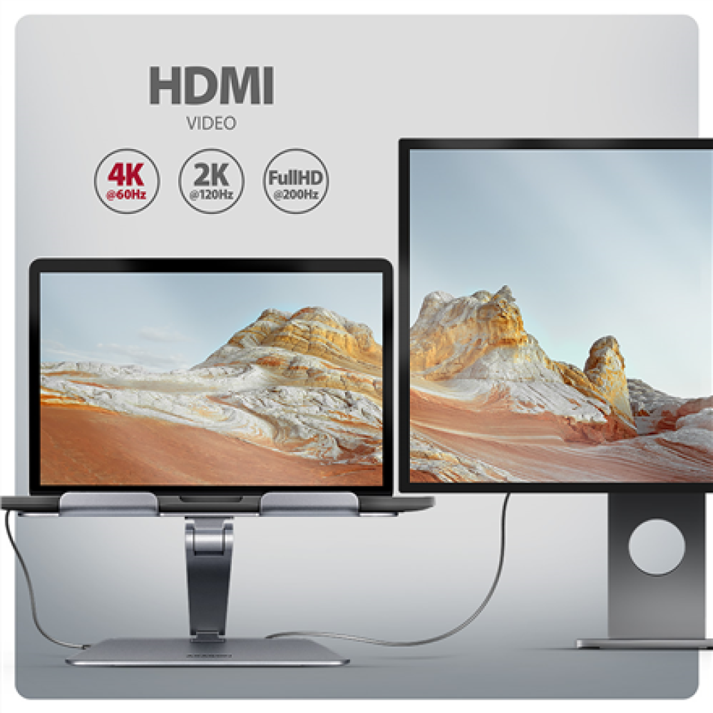AXAGON Desk Mount , HMC-STND USB-C 5Gbps Stand and Hub 7in1 , Adjustable Height, Tilt , 10-16 , Aluminum