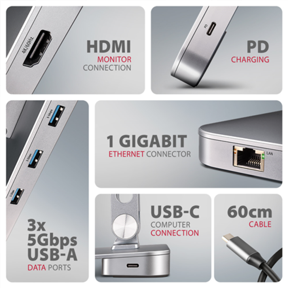 AXAGON Desk Mount , HMC-STND USB-C 5Gbps Stand and Hub 7in1 , Adjustable Height, Tilt , 10-16 , Aluminum