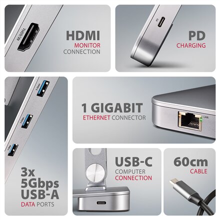 AXAGON Desk Mount , HMC-STND USB-C 5Gbps Stand and Hub 7in1 , Adjustable Height, Tilt , 10-16 , Aluminum