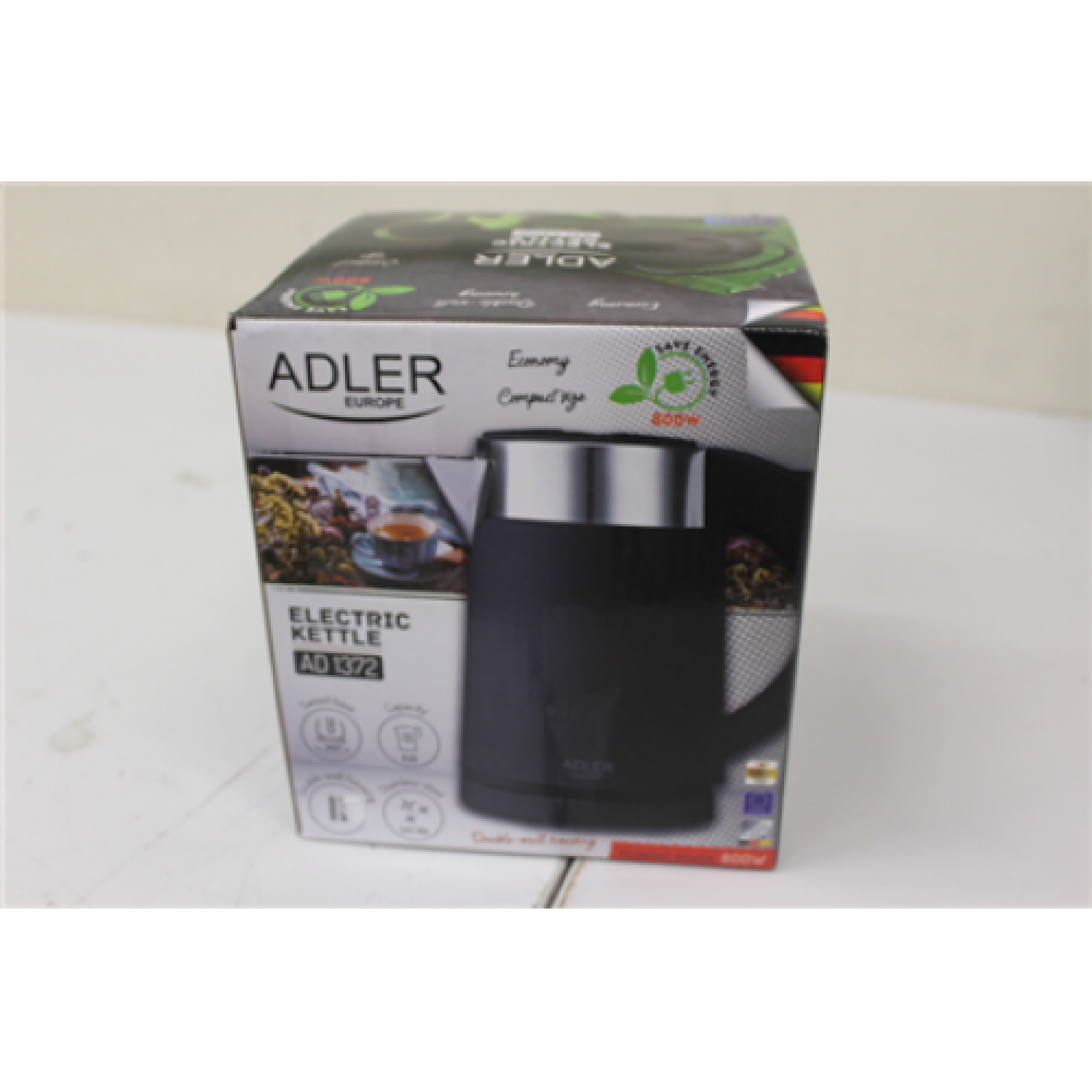 SALE OUT. Adler , Kettle , AD 1372 , Electric , 800 W , 0.6 L , Plastic/Stainless steel , 360° rotational base , Black , DAMAGED PACKAGING, SCRATCHES ON TOP