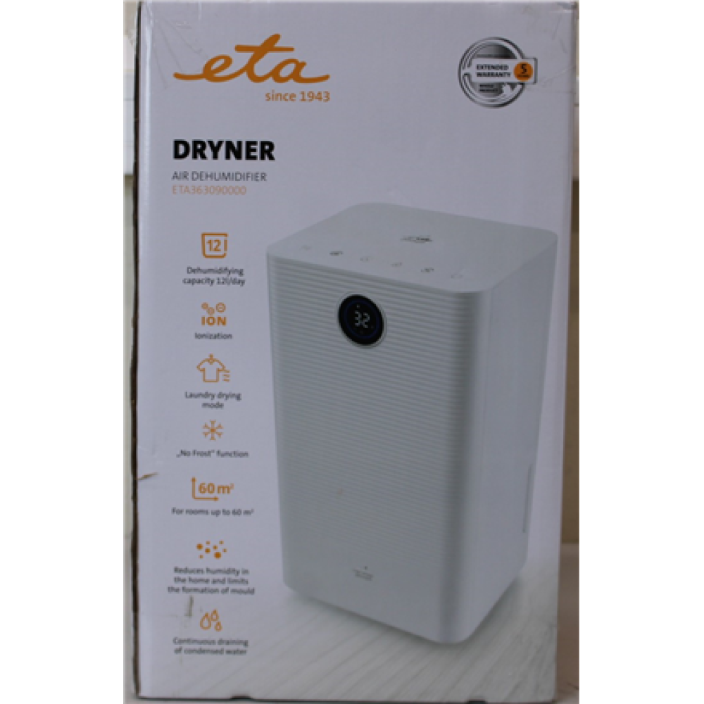 SALE OUT. ETA ETA363090000 DRYNER Dehumidifier, Tank volume (water) 2 l, Suitable for spaces up to 60 m², White , ETA Dehumidifier , Dryner 3630 90000 , Power 200 W , Suitable for rooms up to 60 m² , Water tank capacity 2 L , White , DAMAGED PACKAGING, DE