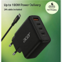 Acer 100W PD GaN Charger, 3 x USB C and 1 x USB A, EU Plug, 100W USB-C cable, Black, Retail Pack
