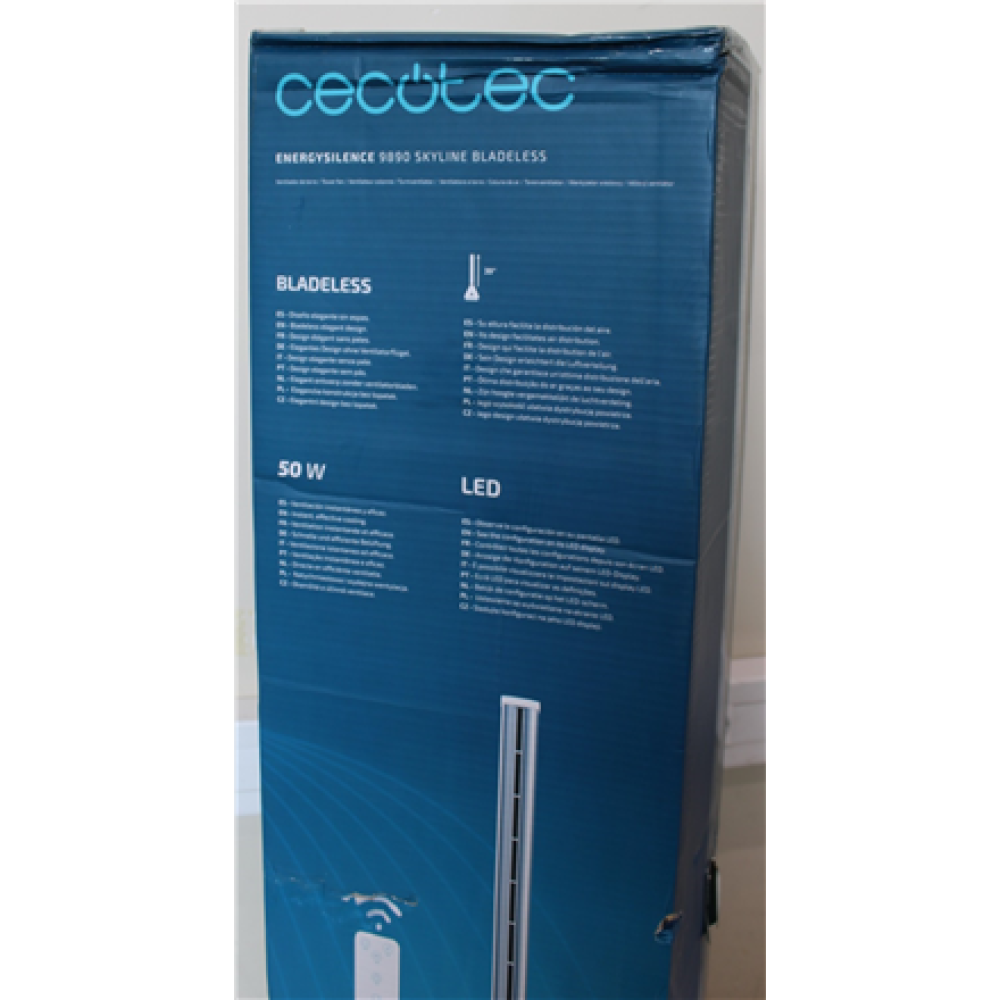 SALE OUT. EnergySilence 9890 Skyline Bladeless , Tower Fan , Stand Fan , 50 W , Diameter 23 cm , Number of speeds 3 , Oscillation , Timer , Remote control , Grey/White , DAMAGED PACKAGING