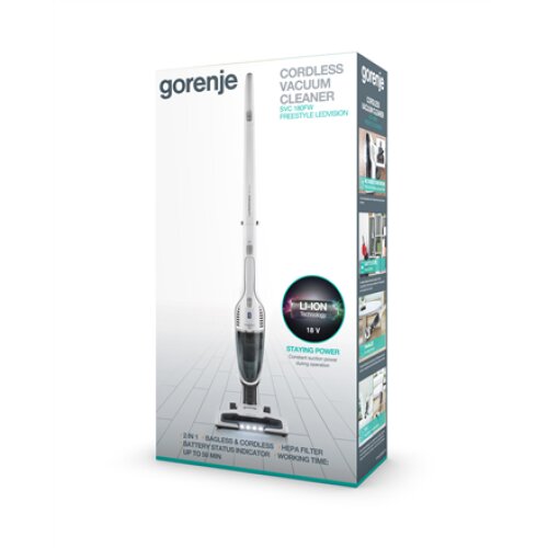 Gorenje , Vacuum cleaner , SVC180FW , Handstick 2in1 , Handstick , 18 V , Operating time (max) 50 min , White , Warranty 24 month(s) , Battery warranty 12 month(s)