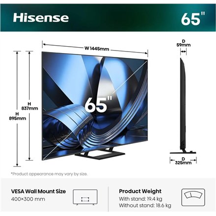 Hisense ULED MiniLED TV , 65U7SE , 65 , Smart TV , VIDAA OS , UHD , Black