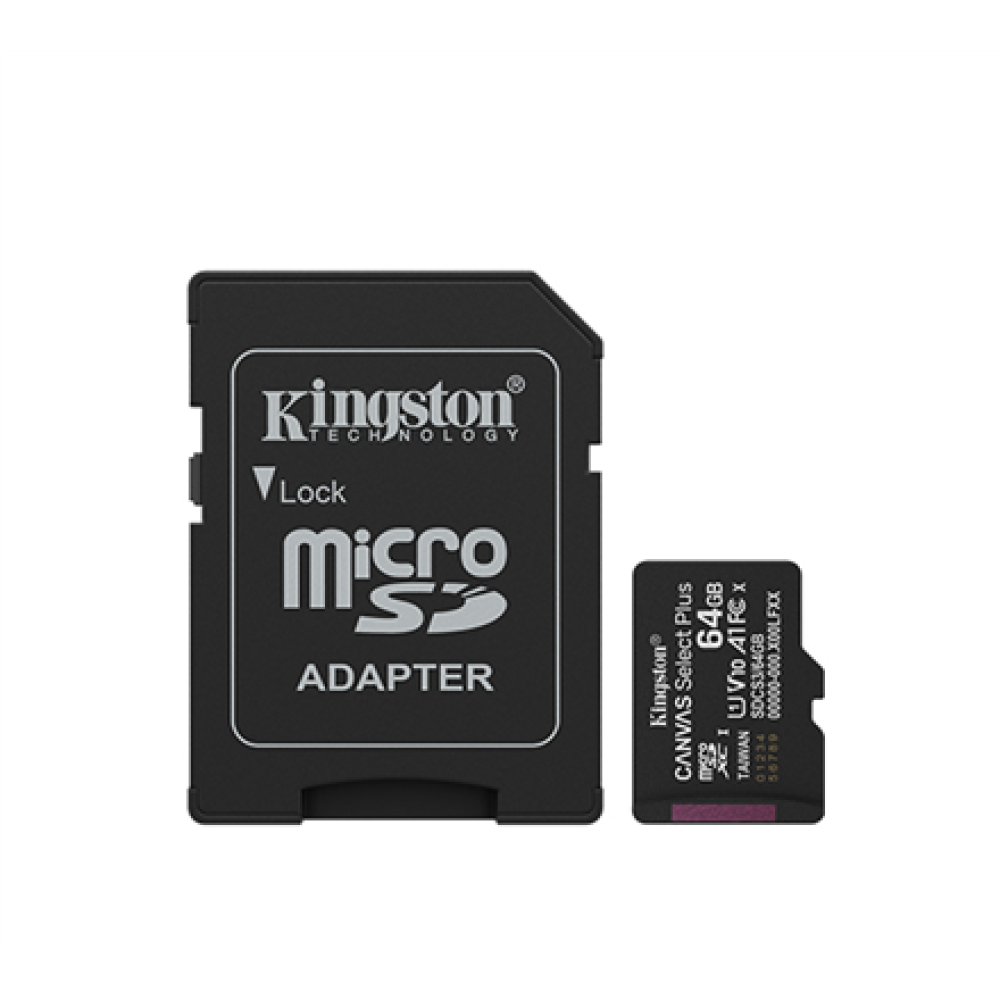 Kingston Canvas Select Plus , 64 GB , microSD , Flash memory class Class 10, UHS-I, U1/U3, video class 10/30, A1