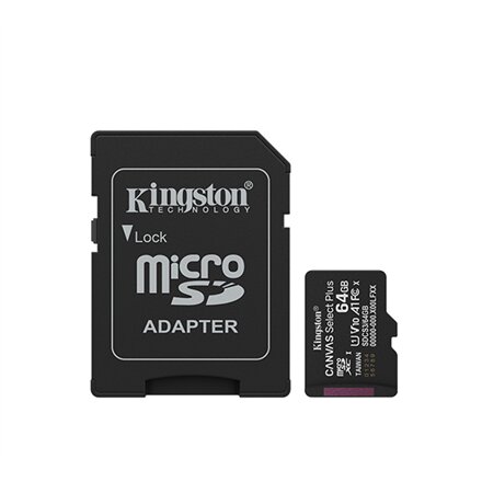Kingston Canvas Select Plus , 64 GB , microSD , Flash memory class Class 10, UHS-I, U1/U3, video class 10/30, A1
