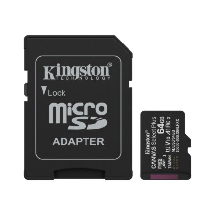 Kingston Canvas Select Plus , 64 GB , microSD , Flash memory class Class 10, UHS-I, U1/U3, video class 10/30, A1