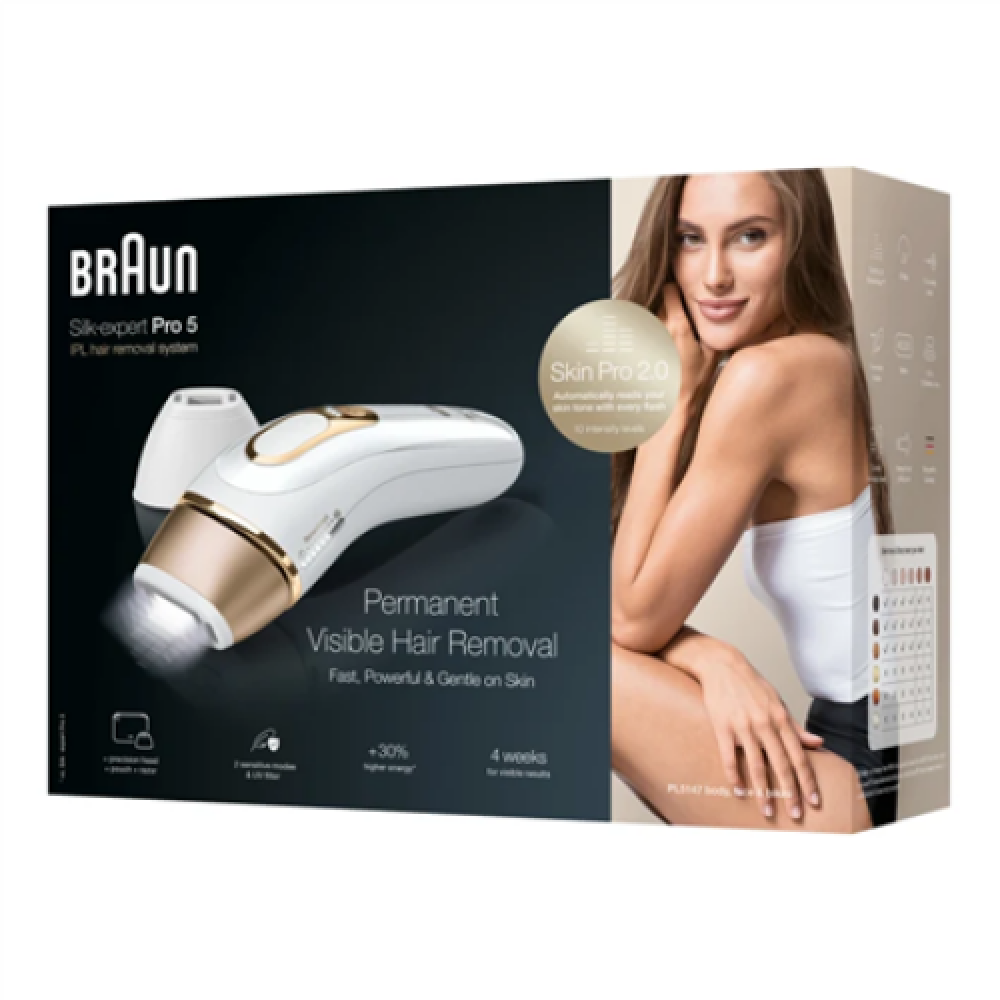Braun Epilator PL5147 Silk-expert Pro 5 IPL Bulb lifetime (flashes) 400.000 Number of power levels 10 White/Gold