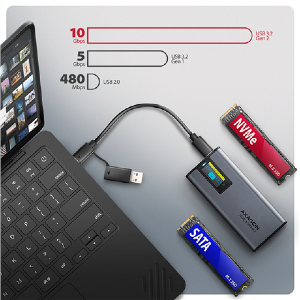 AXAGON External USB-C 10Gbps metal box with info display for M.2 NVMe and SATA SSD , EEM2-SD2