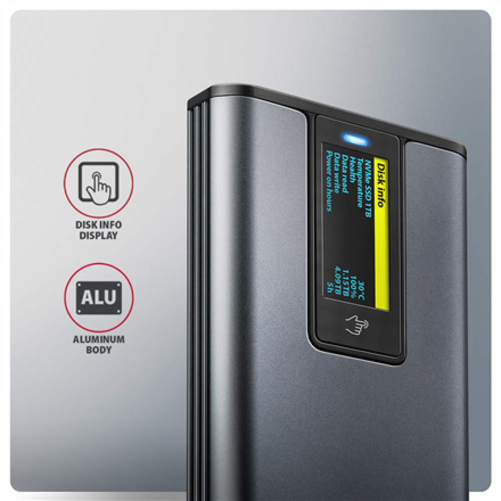 AXAGON External USB-C 10Gbps metal box with info display for M.2 NVMe and SATA SSD , EEM2-SD2