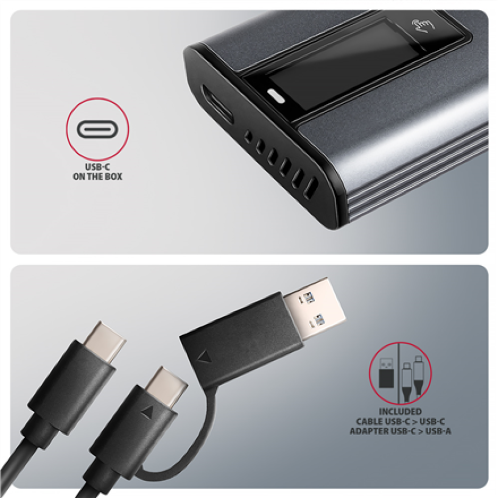 AXAGON External USB-C 10Gbps metal box with info display for M.2 NVMe and SATA SSD , EEM2-SD2