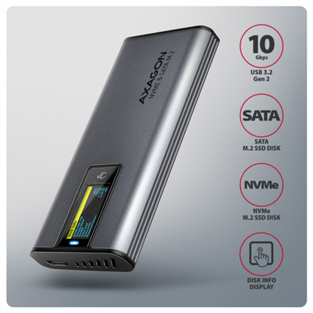 AXAGON External USB-C 10Gbps metal box with info display for M.2 NVMe and SATA SSD , EEM2-SD2