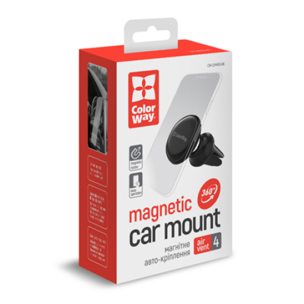 ColorWay , Air Vent-4 , Magnetic Car Holder For Smartphone , Adjustable , Magnetic , Black , Car air duct deflector mount. The non-slip surface of the holder pads will protect the dashboard from damage and scratches and prevent the possibility of slipping