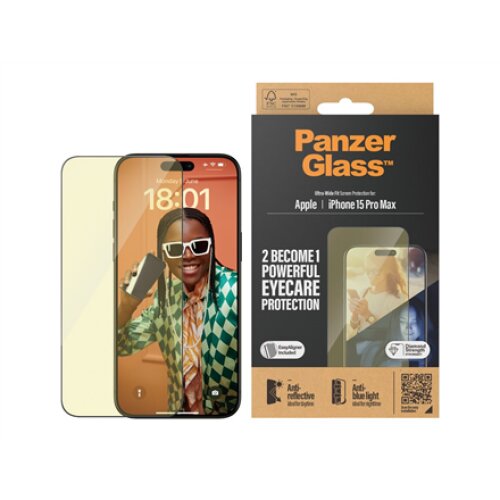 PanzerGlass , Screen protector , Apple , iPhone 15 Pro Max , Glass , Clear , Ultra-Wide Fit; Easy installation; Fingerprint resistant; Anti-blue light; Anti-reflective; Anti-yellowing , Eyecare