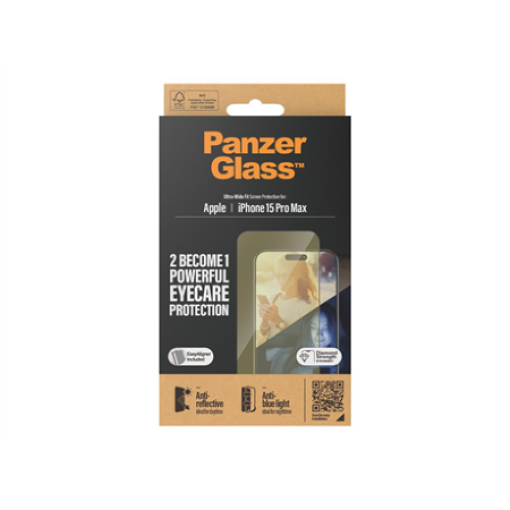 PanzerGlass , Screen protector , Apple , iPhone 15 Pro Max , Glass , Clear , Ultra-Wide Fit; Easy installation; Fingerprint resistant; Anti-blue light; Anti-reflective; Anti-yellowing , Eyecare