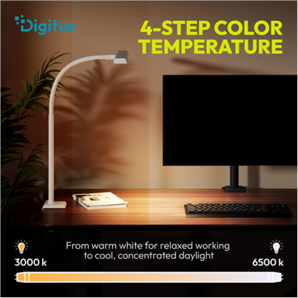 Digitus LED Desk Lamp, 50 cm, White , DA-90491 , 1025 lm , 7 W , 3000-6500 K , Warm to cold white light , LED lamp , 10 V