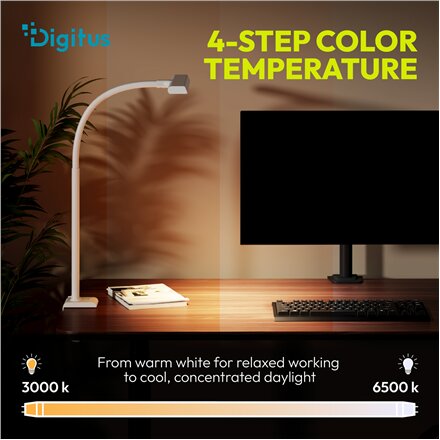 Digitus LED Desk Lamp, 50 cm, White , DA-90491 , 1025 lm , 7 W , 3000-6500 K , Warm to cold white light , LED lamp , 10 V