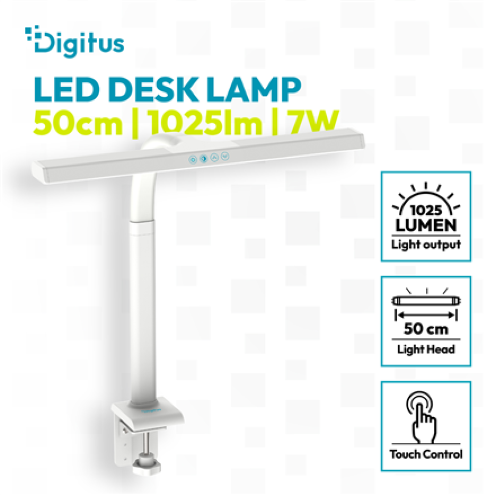Digitus LED Desk Lamp, 50 cm, White , DA-90491 , 1025 lm , 7 W , 3000-6500 K , Warm to cold white light , LED lamp , 10 V