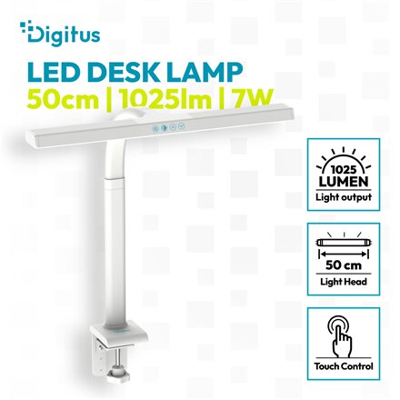 Digitus LED Desk Lamp, 50 cm, White , DA-90491 , 1025 lm , 7 W , 3000-6500 K , Warm to cold white light , LED lamp , 10 V