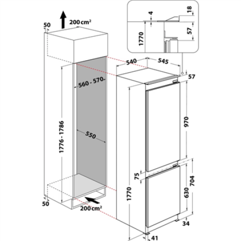 Hotpoint Refrigerator , HAC18 T542 2 , Energy efficiency class E , Built-in , Combi , Height 177 cm , Fridge net capacity 182 L , Freezer net capacity 68 L , 34 dB , White