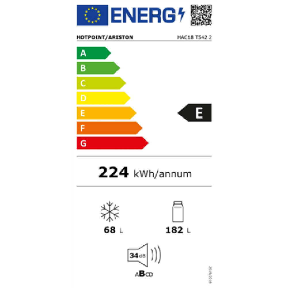 Hotpoint Refrigerator , HAC18 T542 2 , Energy efficiency class E , Built-in , Combi , Height 177 cm , Fridge net capacity 182 L , Freezer net capacity 68 L , 34 dB , White