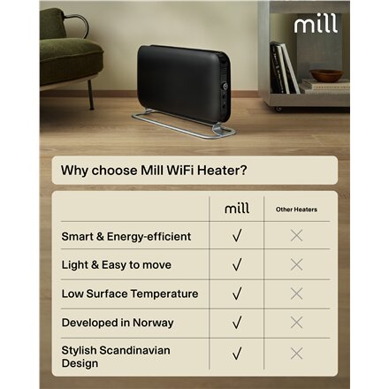 Mill CO1200WIFI3BLACK GEN3 Convection Heater, 1200W, Steel fronts, LED display, Black , Mill , Heater , CO1200WIFI3BLACK GEN3 , Convection Heater , 1200 W , Black