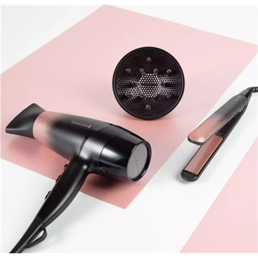 Remington Hair Dryer , D5305 Rose Shimmer , 2200 W , Number of temperature settings 3 , Ionic function , Diffuser nozzle , Black/Rose