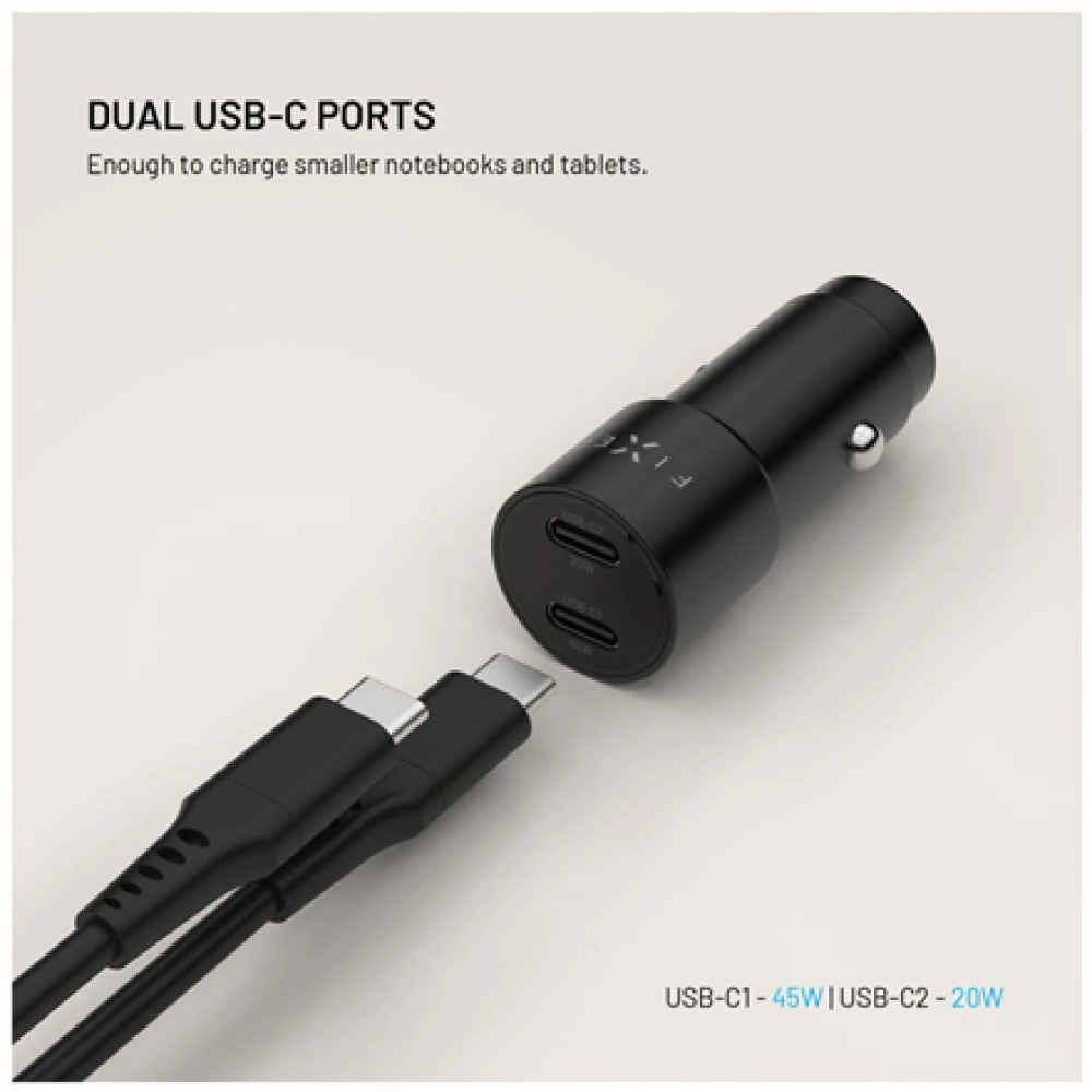 Fixed Dual USB-C Car Charger, 65W, PD 3.0