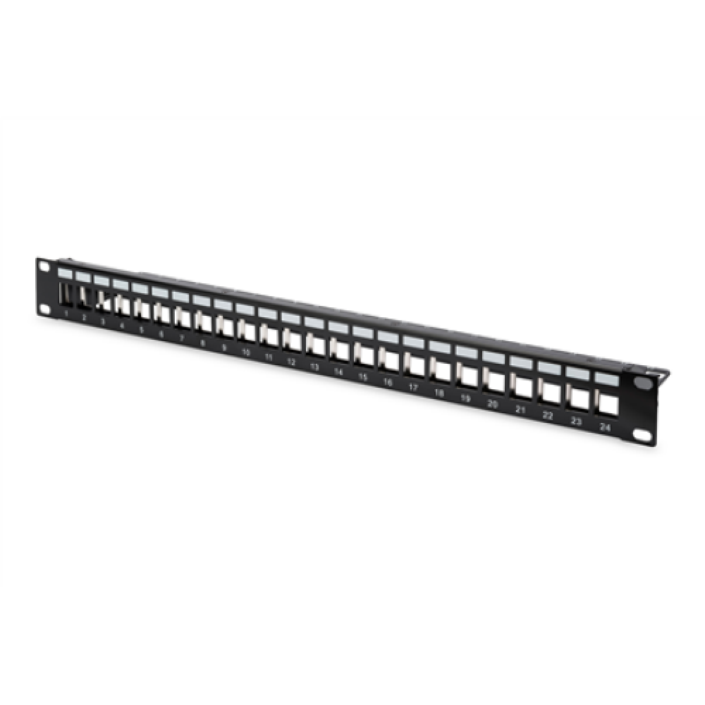 Digitus , Modular Patch Panel , DN-91411 , Black , Layout Keystone Entry: Straight; Area of application: 483 mm (19) cabinet; Suitable for 483 mm (19) cabinet mounting; Housing material: 1.5 mm SPCC cold rolled stell sheet, powder-coated; Ports: 24