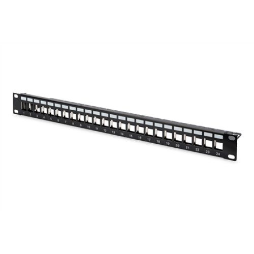 Digitus , Modular Patch Panel , DN-91411 , Layout Keystone Entry: Straight; Area of application: 483 mm (19) cabinet; Suitable for 483 mm (19) cabinet mounting; Housing material: 1.5 mm SPCC cold rolled stell sheet, powder-coated; Ports: 24 , Black