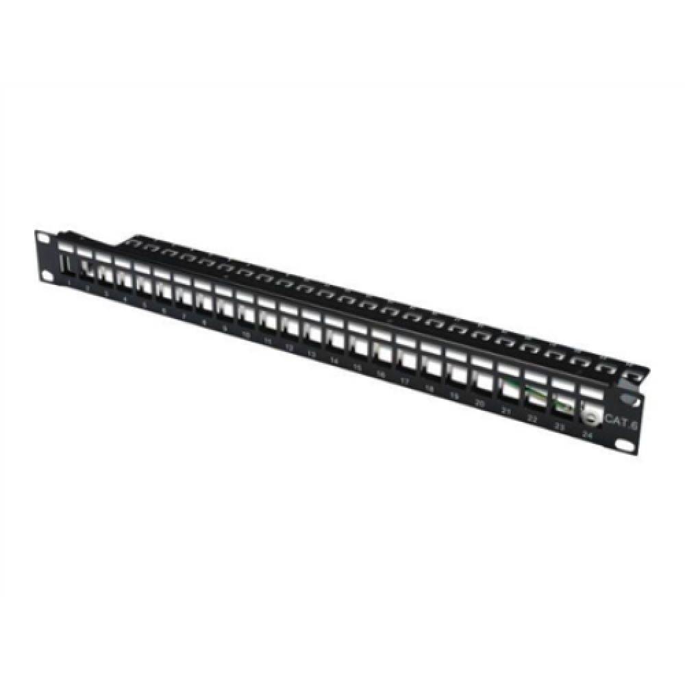 Digitus , Modular Patch Panel , DN-91411 , Black , Layout Keystone Entry: Straight; Area of application: 483 mm (19) cabinet; Suitable for 483 mm (19) cabinet mounting; Housing material: 1.5 mm SPCC cold rolled stell sheet, powder-coated; Ports: 24