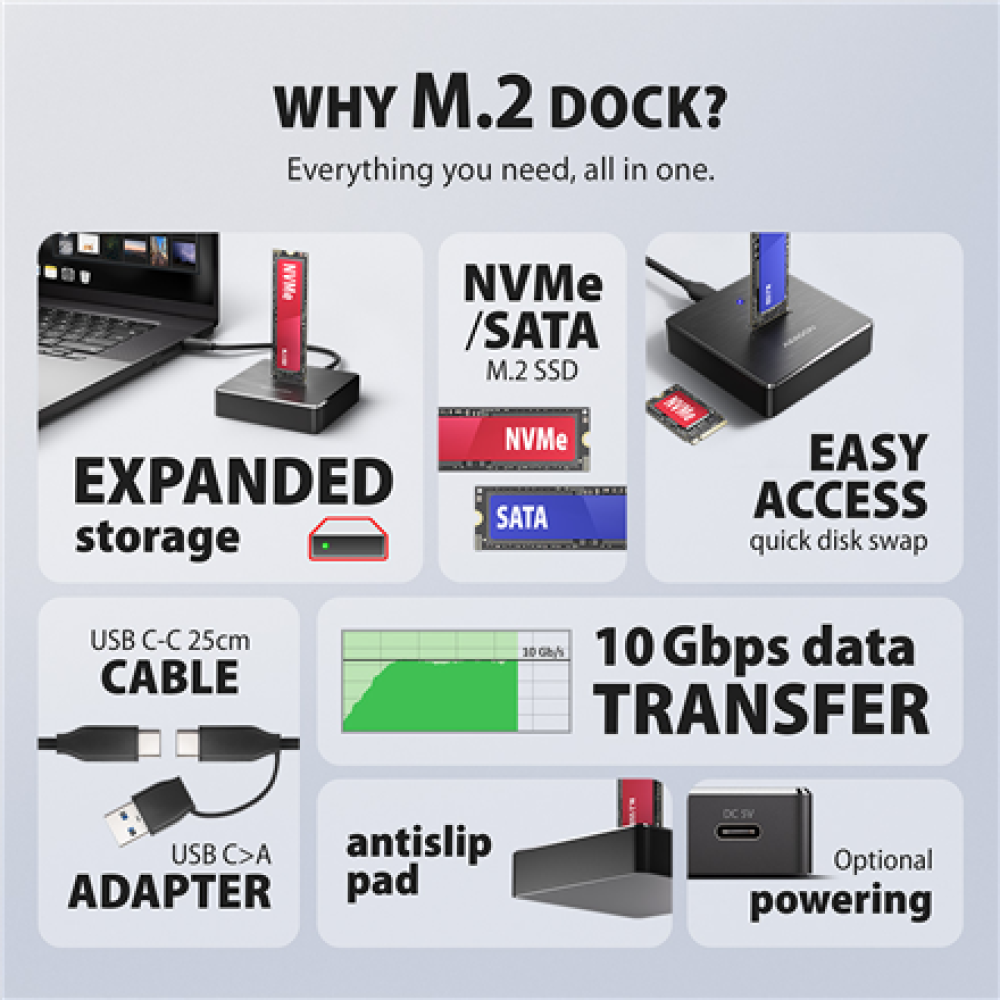 AXAGON , USB-C 10Gbps docking station for M.2 NVMe/SATA SSD , ADSA-M2C11