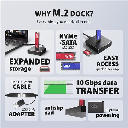 AXAGON , USB-C 10Gbps docking station for M.2 NVMe/SATA SSD , ADSA-M2C11