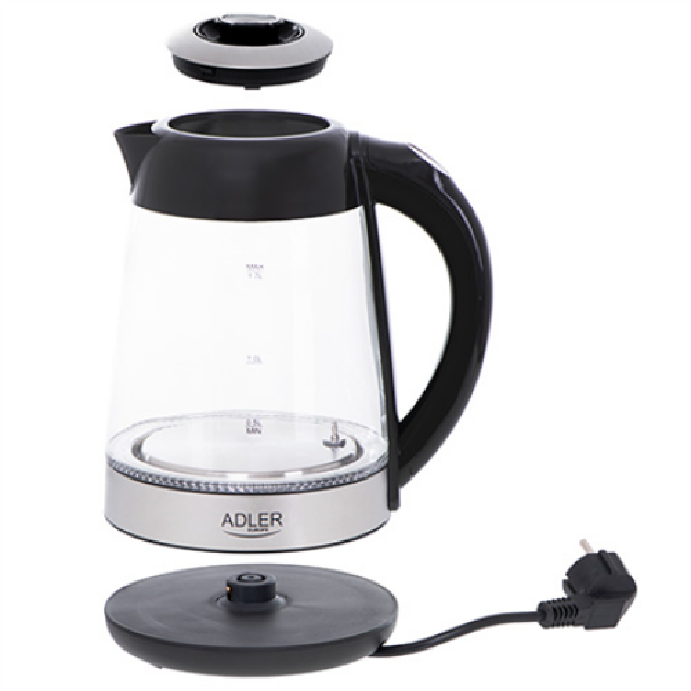 Adler , Kettle , AD 1285 , Electric , 2200 W , 1.7 L , Glass/Stainless steel , 360° rotational base , Grey