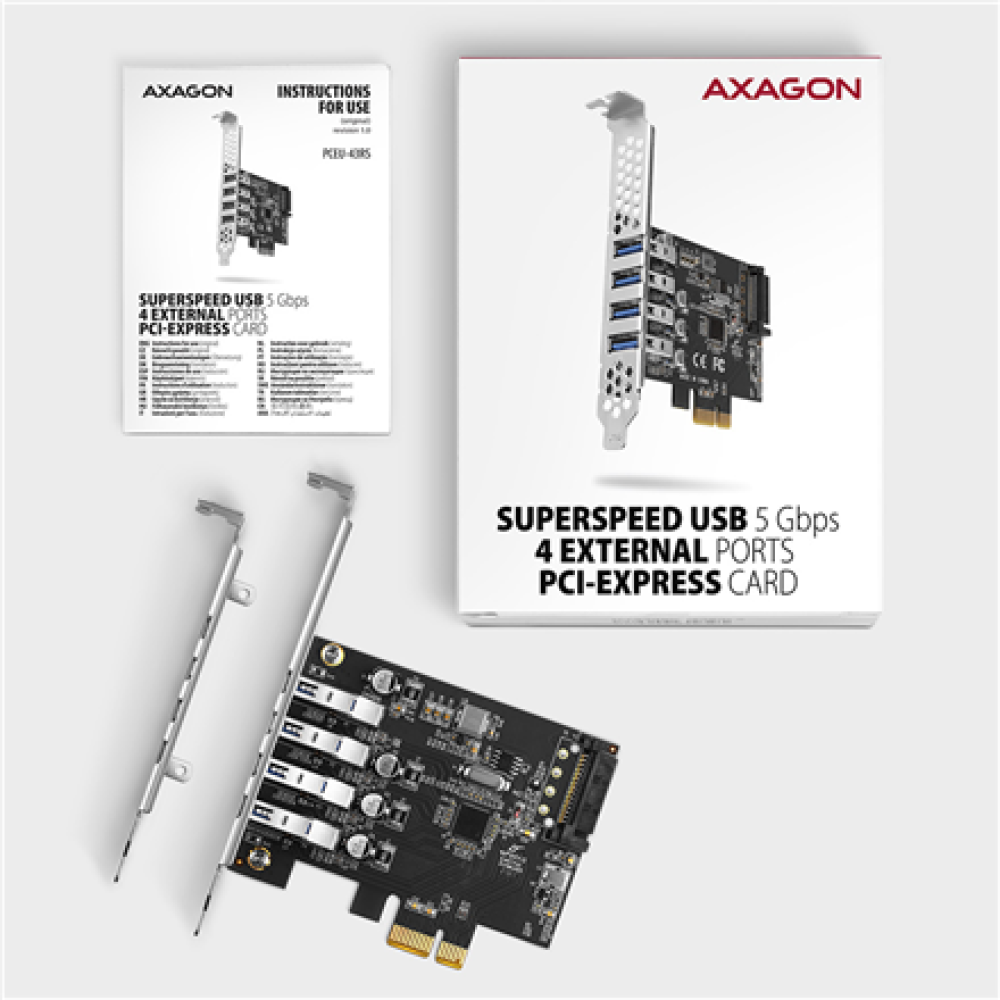 AXAGON PCI-Express card with four external USB 3.2 Gen1 ports with dual power , PCEU-43RS