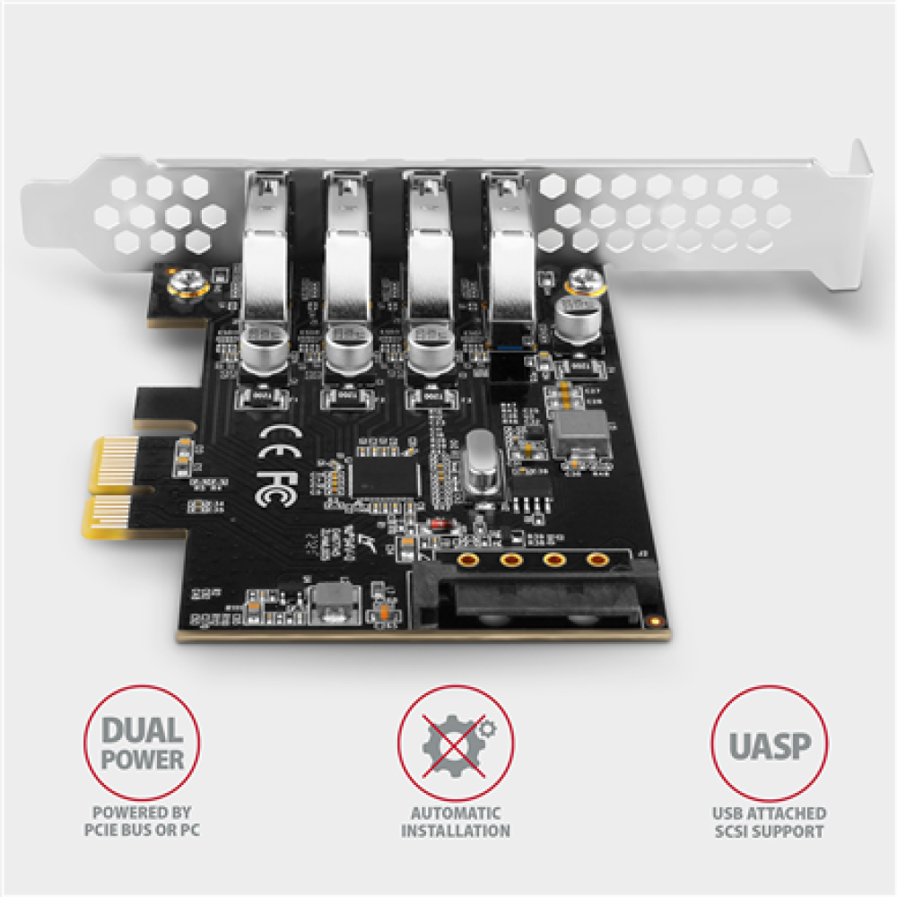 AXAGON PCI-Express card with four external USB 3.2 Gen1 ports with dual power , PCEU-43RS
