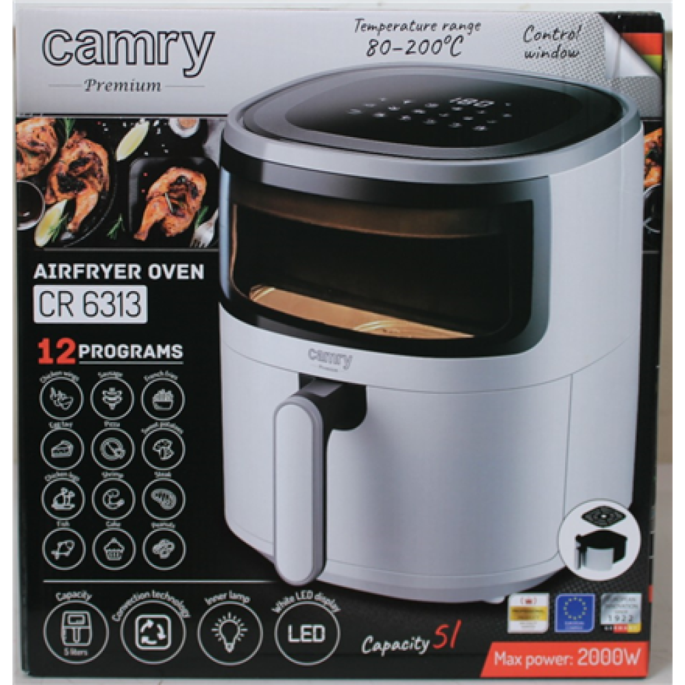 SALE OUT. Camry CR 6313 Airfryer Oven, 12 programs, Capacity 5l, White , Camry Airfryer Oven , CR 6313 , Power 2000 W , Capacity 5 L , Convection , White , DAMAGED PACKAGING , 24 month(s)