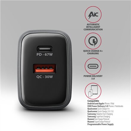 AXAGON Wall charger 67W, 2x port (USB-A + USB-C) PD3.0/PPS/QC4+/SFC 2.0/Apple , ACU-PQ67