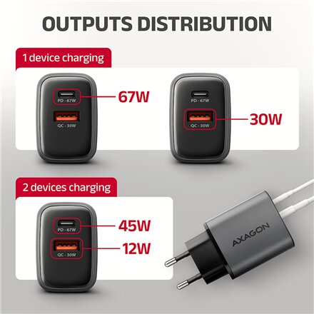 AXAGON Wall charger 67W, 2x port (USB-A + USB-C) PD3.0/PPS/QC4+/SFC 2.0/Apple , ACU-PQ67