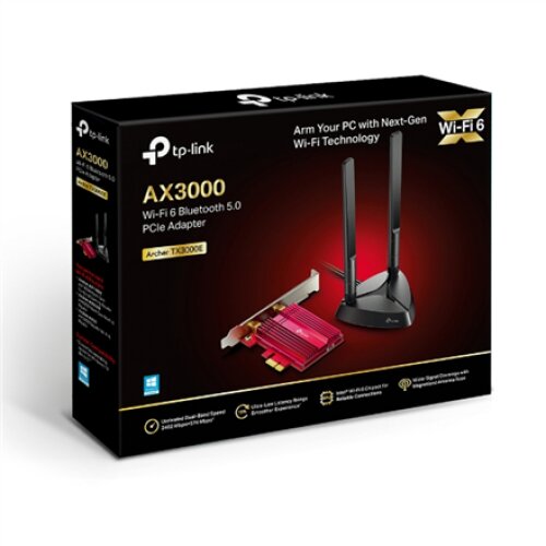 TP-LINK , AX3000 Wi-Fi 6 Bluetooth 5.0 PCIe Adapter , TX3000E , 2.4GHz/5GHz , Antenna type 2xHigh-Gain External Antennas , 574+2402 Mbit/s