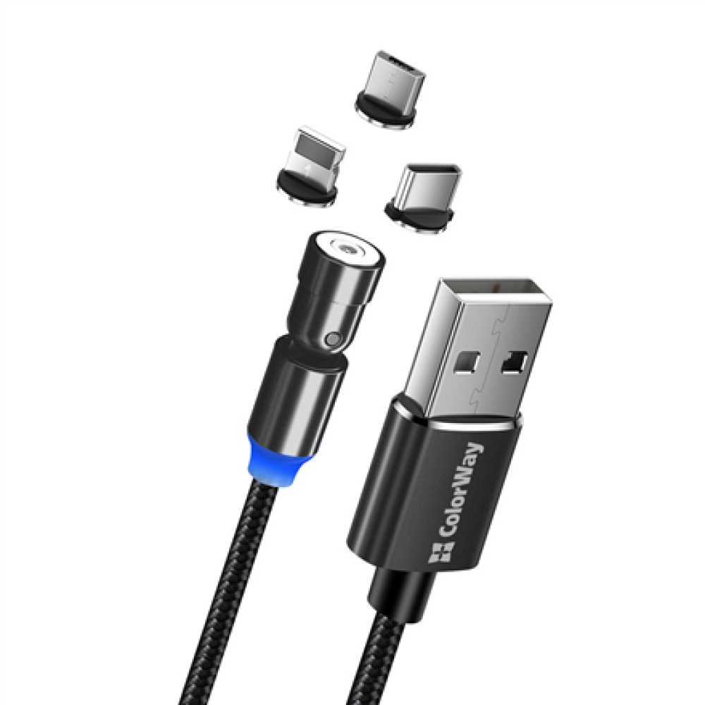 ColorWay Cable 3in1 (Lightning+MicroUSB+Type-C) Magnetic Rotation 540° 2.4А, 1m , CW-CBUU037-BK